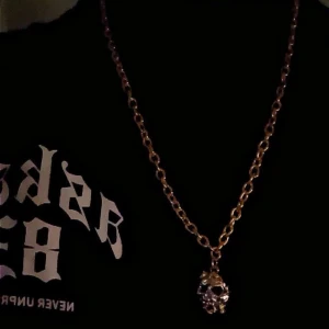 Guldplätterat  halsband med dödskalle - Kedjehalsband i guldfärg med en hängande dödskalleberlock. Kedjan har stora länkar och dödskallen är dekorerad med små detaljer som ger ett coolt och edgy intryck. Det kommer andra modeller snart, hör av er om ni är ute efter något speciellt. 