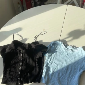 Svart ribbad topp & ljusblå t-shirt - Två snygga toppar! En svart ribbad topp med knappar framtill och krage, samt en ljusblå ribbad t-shirt med kort ärm. Perfekta att matcha med jeans eller kjol för en chill look.