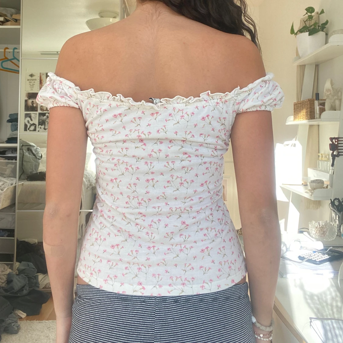 Vit blommig offshoulder korsett-topp - 2