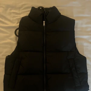 Svart dunväst med dragkedja - Säljer en svart dunväst med hög krage och dragkedja framtill. Västen har två fickor på sidorna och är quiltad för extra värme. Perfekt att slänga över en hoodie eller tröja när det är kyligt ute.