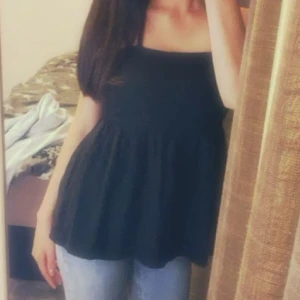 Svart ärmlös linnetopp - Säljer en svart ärmlös linnetopp med breda axelband och utställd passform. Toppen har en enkel och stilren design som passar perfekt till jeans eller kjol. Materialet känns lätt och luftigt, perfekt för varmare dagar.