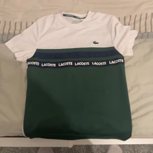 Lacoste t-shirt med logoband - Snygg t-shirt från Lacoste i vitt och grönt med mörkblå band och tydligt Lacoste-logoband över bröstet. Klassisk krokodil-logga på bröstet. Skön passform och perfekt för en stilren vardagslook.