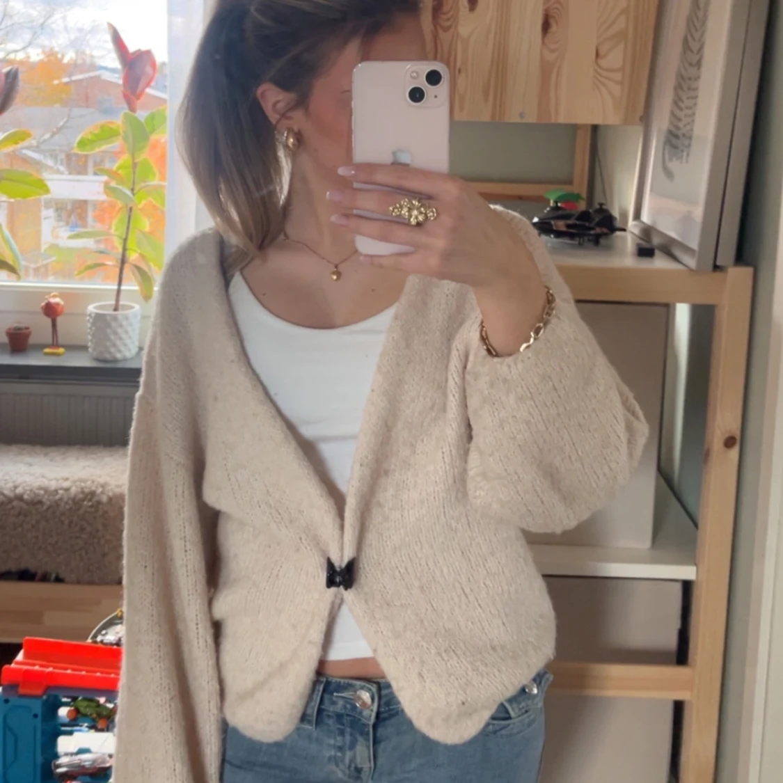 Beige stickad kofta med loose fit - 2