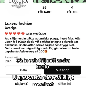 Följ detta kontot tack 🤩  - Bilden visar en profilbeskrivning för Luxora fashion som man önska att ni borde följa 
