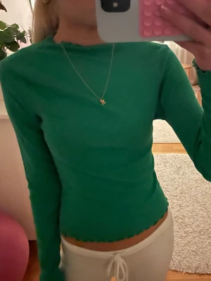 Grön långärmad topp med vågig kant - Säljer en grön långärmad topp med vågiga kanter vid hals, ärmslut och nederkant. Mycket bra skick, knappt använd. Storlek S!