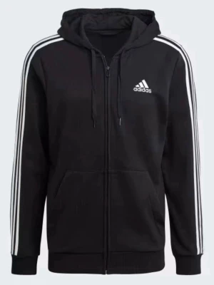 Svart Adidas hoodie med dragkedja - Svart Adidas huvtröja med dragkedja och vita ränder på ärmarna. Adidas loggan finns på bröstet.