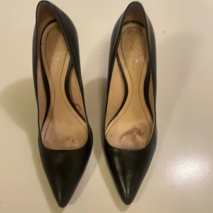 Svarta pumps från Zara - Snygga svarta pumps från Zara med elegant spetsig tå och riktigt hög klack. Skorna är tillverkade i slätt skinn och har en klassisk, stilren siluett som ger en cool och dressad vibe. Perfekta för dig som gillar att sticka ut med en tidlös look. Storlek 40 men passar dig som har storlek 39.