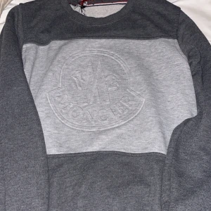 Grå Moncler sweatshirt med logga - Säljer en stilren grå sweatshirt från Moncler med stort broderat logotypmärke framtill. Tröjan har en tvåfärgad design i ljus- och mörkgrått, rund halsringning och långa ärmar. Perfekt för dig som gillar exklusiva streetwear-plagg.