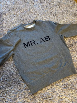 Grå sweatshirt från MR. AB - Snygg grå sweatshirt från MR. AB med svart text på bröstet. Tröjan har rund halsringning och är tillverkad i mjukt bomullsmaterial. Perfekt för en avslappnad och stilren look. Skick9/10, Storlek M!✅Nypris 170€!