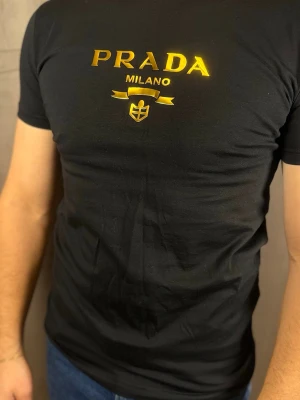 Svart t-shirt med guldtryck - . T-shirten har en klassisk passform och är kortärmad, perfekt för en stilren och trendig look.