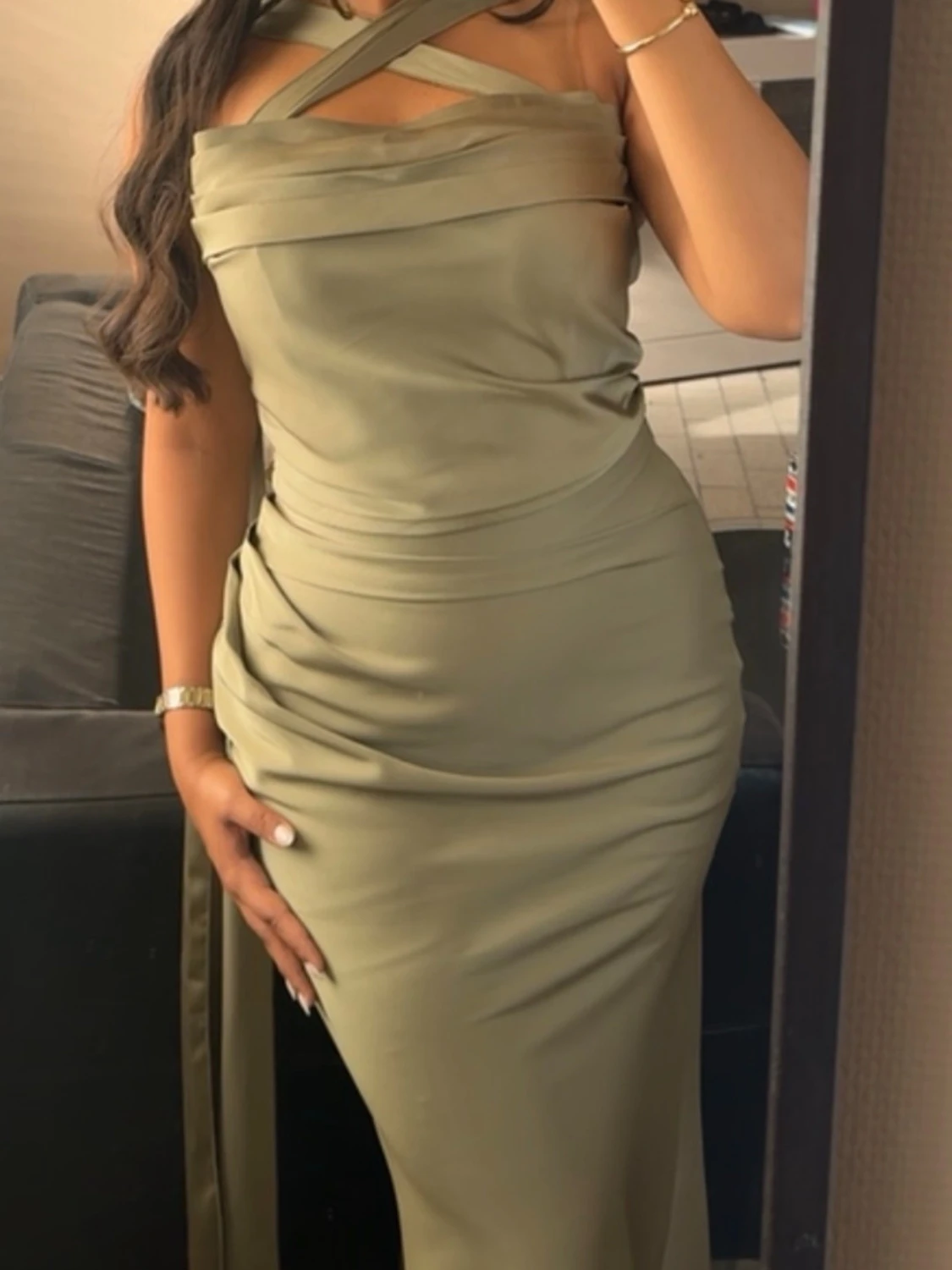 Olivgrön långklänning med omlott