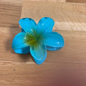 Blå blomformad hårklämma - Snygg hårklämma i form av en stor blomma i klarblå plast med en touch av grönt i mitten. Perfekt accessoar för att ge din frisyr en färgklick och tropisk vibe. Klämman har starkt grepp och är lätt att använda för både uppsättningar och dekoration. Bara använt 1 gång 