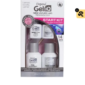 Depend GeliQ UV/LED Startkit - Depend GeliQ startkit för gelnaglar med UV/LED-lampa, base coat, top coat, pre-cleanser och high shine cleanser. Allt kommer i vita och silverfärgade flaskor med modern design. Perfekt för att fixa snygga och glansiga naglar hemma med lång hållbarhet. Helt onvänd