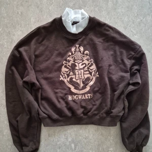 Tröja - Cool brun sweatshirt från H&M med Hogwarts-tryck i silver på bröstet. Tröjan har rund hals, ribbade muddar och är croppad i modellen. Perfekt för dig som älskar Harry Potter och vill ha en chill och snygg look.