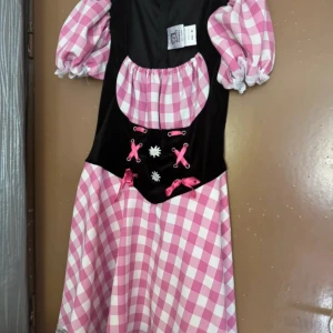 Oktoberfest klänning, drindl - NY ALDRIG ANVÄND! Supergullig kortklänning i rosa och vitt rutig design med puffärmar och svart livstycke. Snörning med rosa band och små blommor framtill, samt spetsdetaljer vid ärmslut och kjolkant. Perfekt för temafest eller oktoberfest!
