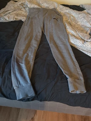 Grå mjukisbyxor från Puma, stl S - Säljer ett par grå mjukisbyxor från Puma i storlek S. Byxorna har resår i midjan, ribbade muddar vid bensluten och Puma-logga på vänster lår. Sköna och perfekta för chill eller träning. Tillverkade i mjukt bomullsmaterial.