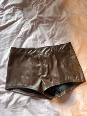 Bruna skinnshorts med midja - Snygga bruna shorts i skinnimitation med midjehöjd och bälteshällor. De har en clean look utan synliga detaljer och är riktigt korta, perfekta för att sticka ut. Passar dig som gillar edgy och trendig stil.