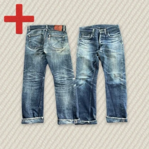 Archive Japanska Selvedge Jeans  - A pair of Pure Blue Japan Selvedge jeans. Beautifully faded. Slim Straight fit, size 29 on the tag, (fits like 28/28). Good condition. Hmu if you have questions! See meassurements below.  Measurements: Tag size – 29, Waist – 38 cm, Rise – 23.5 cm, Thigh – 26.5 cm, Inseam – 69 cm, Length – 90.5 cm, Leg opening – 18 cm