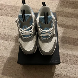 Dior B22 sneakers i grått och blått - Säljer ett par Dior B22 sneakers med chunky sula i vitt, grått och blått. Skorna har meshpaneler, detaljer i skinn och syntet samt vita snören. Snygg sportig vibe med svart logga på sidan och coola kontrastdetaljer. Perfekta för dig som gillar statement sneakers.