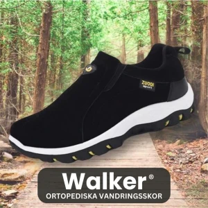 Svarta ortopediska sneakers Zuodi - Svarta ortopediska sneakers från Zuodi med sportig design och vit sula. Skon har elastisk ovandel och detaljer i gult på sulan. Perfekt för långa promenader och vandring, med bekväm passform och slitstarkt material. Säljs då storleken blev för stor..