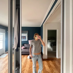 Grå stickad topp - Säljer en grå stickad topp med korta ärmar och rund hals. Enkel och stilren design som passar perfekt till jeans eller kjol. Mjuk och skön känsla tack vare det stickade materialet.