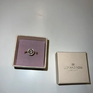 Glittrig ring från Lily and Rose - Säljer en elegant ring från Lily and Rose med glittrande stenar i en rund design. Ringen har en guldtonad bas och är dekorerad med klara stenar som ger en lyxig känsla. Perfekt för dig som vill ha något extra till din stil.