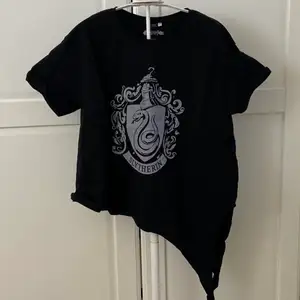 Jättefin oanvänd harry potter t-shirt med tryck💚Trycket är på hogwarts huset slytherins ”hus ikon” 🐍Tröjan är gjord så man ska kunna knyta den på vänster sida och är i storleken M! Pris går att diskutera 