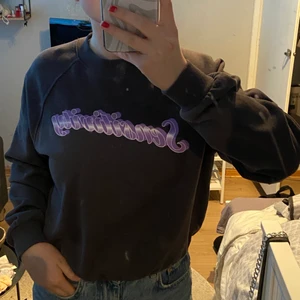 Mörkgrå croppad Sweatshirt - Säljer min croppade mörkgråa sweatshirt från hm med lila text, den är i storlek XS. Använd några fåtal gånger i sommras. Inga slitningar eller så. Skriv privat för frågor/bilder! 