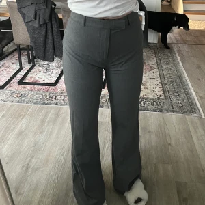 grå kostymbyxor  - Grå kostymbyxor från pull&bear. Aldrig använda så alla lappar är kvar. Storlek L men väldigt små i storleken så de passar mig med S. Långa i benen.