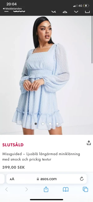 Blå klänning - Säljer denna jätte fina ljusblåa klänningen ifrån asos, missguided💓den har inte kommit till användning och har även prislappen kvar, köpte för 399kr å säljer för 300💓💓 den är även slutsåld på asos hemsida, Köparen står för frakten!!