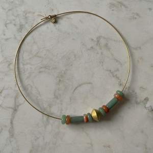 24K Gold Plated Stone Necklace  Hoop Necklace with jade stone and golden beads  gently worn