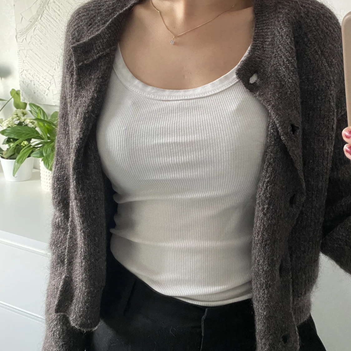 Brun/grå stickad kofta - 90