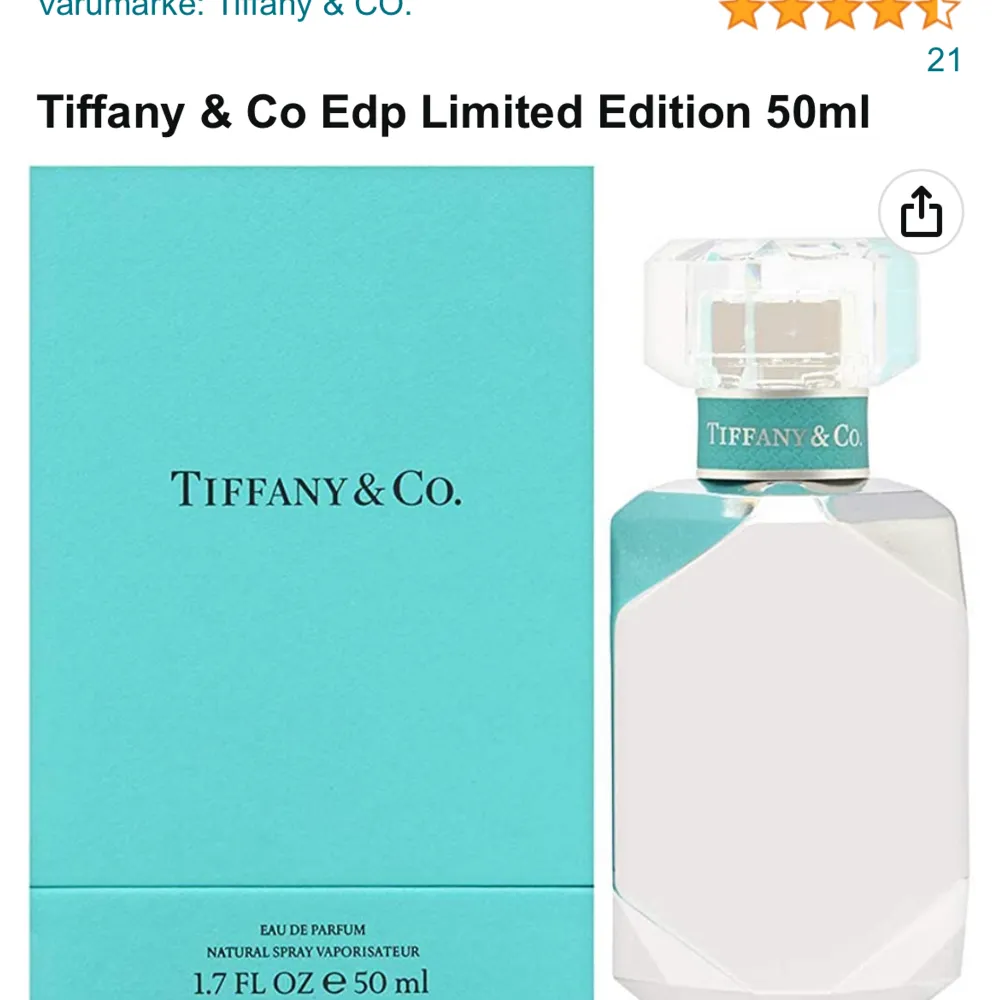 Parfym från Tiffany (limited edition)  Eau de perfume 50 ml Limited edition Beskrivning: ”Kärlek och skönhet är Tiffanys essens, och doften Tiffany Eau de Parfum fångar essensen i en flaska - en gnistrande blommig mysk med en värdefull signaturingrediens,. Parfym.