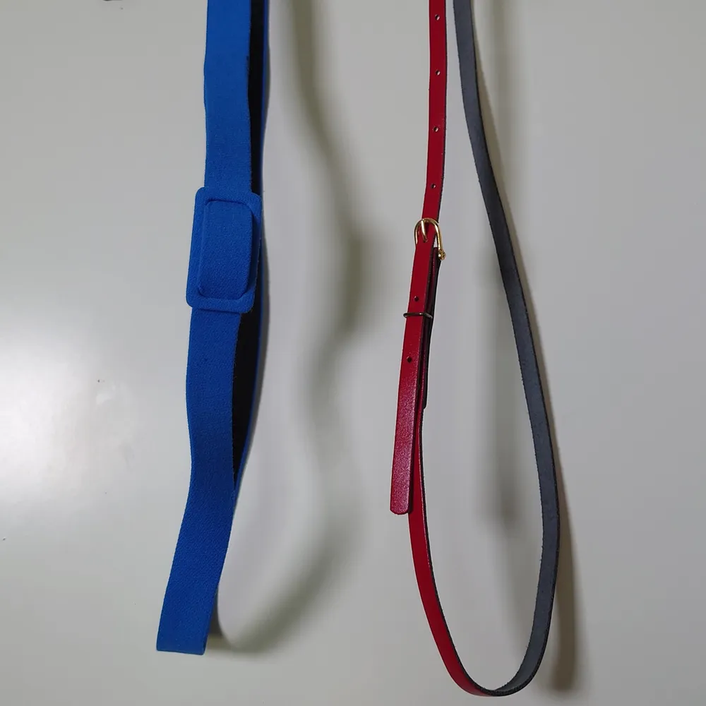 Blått skärp i tjock textil med enkelt spänne Rött smalt skärp i läder Båda är 1m långa 50kr/styck 🌻. Accessoarer.