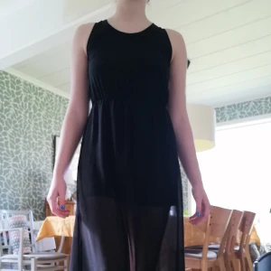 Svart långklänning - Långklänning med öppen rygg och med slits på bpda sidor. Yttermaterial i chiffong, underklänning i syntet. Underklänningen går till halva låret på mig. Från H&M