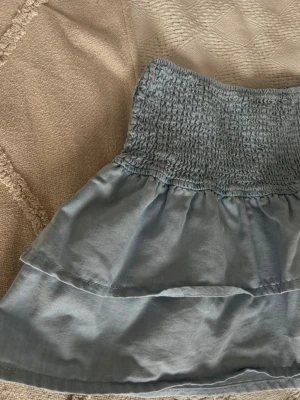 Ljusblå volangkjol med smock - Supersöt ljusblå kortkjol med bred smock i midjan och dubbla volanger. Kjolen har en flowy känsla och passar perfekt till sommaren. Materialet känns mjukt och lätt, vilket gör den skön att bära hela dagen.