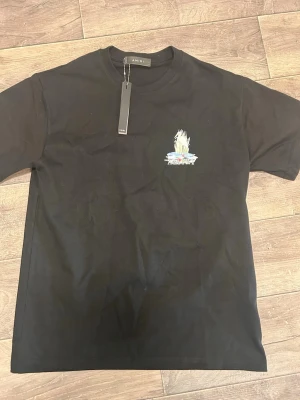 Svart Amiri t-shirt med tryck - Snygg svart t-shirt från Amiri med ett litet färgglatt tryck av en häger vid ett vattendrag och texten AMIRI på bröstet. Klassisk rund hals och korta ärmar. Perfekt för dig som gillar streetwear och vill ha något stilrent men ändå unikt.
