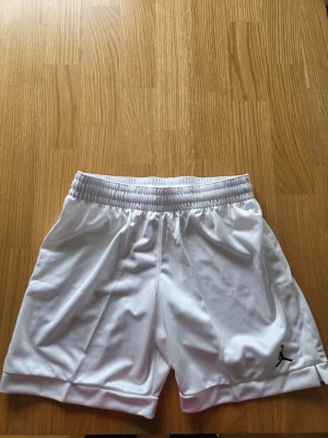 Nike Jordan basket vita shorts, NBA , Dam storlek M - Snygga vita shorts från Jordan med det klassiska Jumpman-loggan broderad i svart på benet. Tillverkade i glansig polyester med elastisk midja för skön passform. Perfekta för träning eller sportiga outfits.