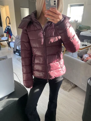 Vinröd pufferjacka med huva - Snygg vinröd pufferjacka med dragkedja och huva. En av fickorna är lite tröga annars jätte bra skick