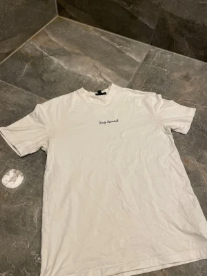 Vit Daily Essentials t-shirt - Säljer en vit t-shirt från Daily Essentials med enkel svart text på bröstet. T-shirten har rund hals och korta ärmar, perfekt för en clean och stilren look. Tillverkad i mjuk bomull för maximal komfort.