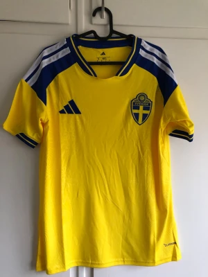 Sverige matchtröja Adidas gul/blå 2026 - Gul och blå matchtröja från Adidas med Sveriges landslagsemblem på bröstet. Tröjan har korta ärmar, blå detaljer på axlarna och vita ränder. Tillverkad i lätt och ventilerande polyester med Climalite-teknologi. Perfekt för fotbollsträning eller att bära på läktaren.