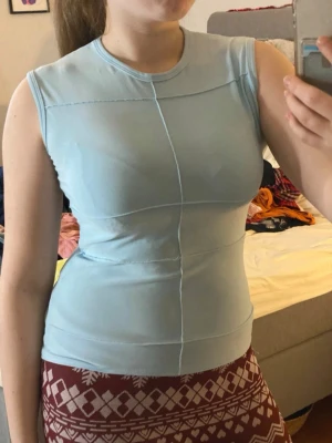 Ljusblå ärmlös topp med sömdetaljer - Snygg ljusblå ärmlös topp med markerade sömmar framtill och på sidorna. Toppen har en tight passform och rund halsringning. Perfekt att styla med jeans eller kjol för en fräsch look. Står ej storlek med stor att det är S. 