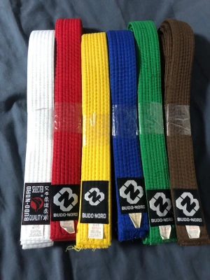 Karatebälten från Budo-Nord - Flera karatebälten i olika färger från Budo-Nord: vitt, rött, gult, blått, grönt och brunt. Bältena är tillverkade i kraftigt tyg och har klassisk design med broderad etikett. Perfekt för dig som tränar kampsport och vill ha olika graderingsbälten.