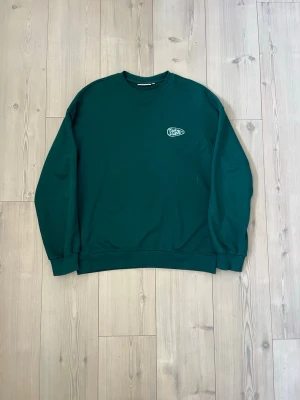 Mörkgrön sweatshirt från Junkyard - Mörkgrön sweatshirt med rund halsringning och mintgrönt broderi. Tröjan har ribbade muddar vid ärmslut och nederkant, samt en avslappnad passform. Perfekt för en chill och stilren look.