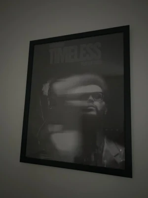 The weeknd och playboi carti  poster - Snygg svartvit poster med texten TIMELESS i stora bokstäver upptill. Motivet är stilrent och abstrakt, inramad i en svart ram. Perfekt som väggdekoration för ett modernt rum. Ram ingår ej, bara planchen