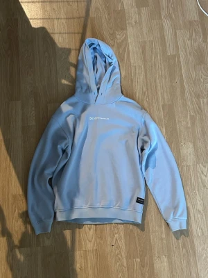 Ljusblå hoodie från Denim - Snygg ljusblå hoodie från Denim med tryckt logga på bröstet och en klassisk huva. Hoodien har ribbade muddar vid ärmslut och nederkant samt en liten svart etikett nertill. Perfekt för en avslappnad och trendig stil.