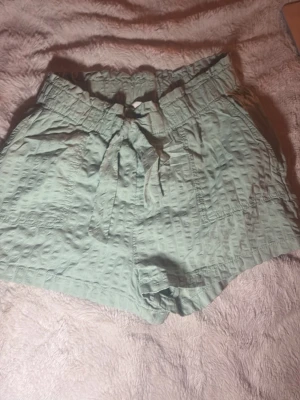 Ljusgröna shorts med knytband - Snygga ljusgröna shorts med hög midja och knytband i midjan. De har en lätt strukturerad yta och är perfekta för varma dagar. Shortsen har fickor på sidorna och en avslappnad passform.