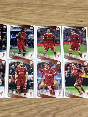 Liverpool FC samlarkort Topps - Ett set med samlarkort från Topps med Liverpool FC-spelare. Kortens design är röd och vit, med spelarbilder och namn på framsidan samt information om spelarna på baksidan. Perfekt för dig som gillar fotboll och vill utöka din samling.
