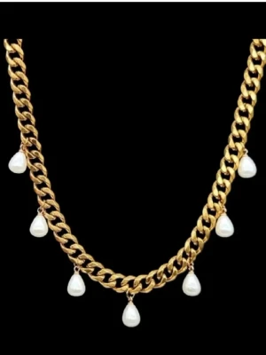 18K guldpläterat halsband med pärlor  - Stilfullt halsband. Kedjetjocklek-9mm .Nickelfri. Högkvalitativt rostfritt, 18K guldpläterat stål 316   #28