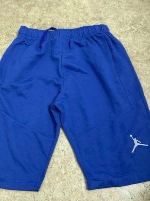 Blå Jordan shorts med snörning - Snygga blå shorts från Jordan med elastisk midja och snörning. Klassisk logga i vitt på ena benet. Perfekta för träning eller chill. Tillverkade i mjukt bomullsmaterial för skön känsla.
